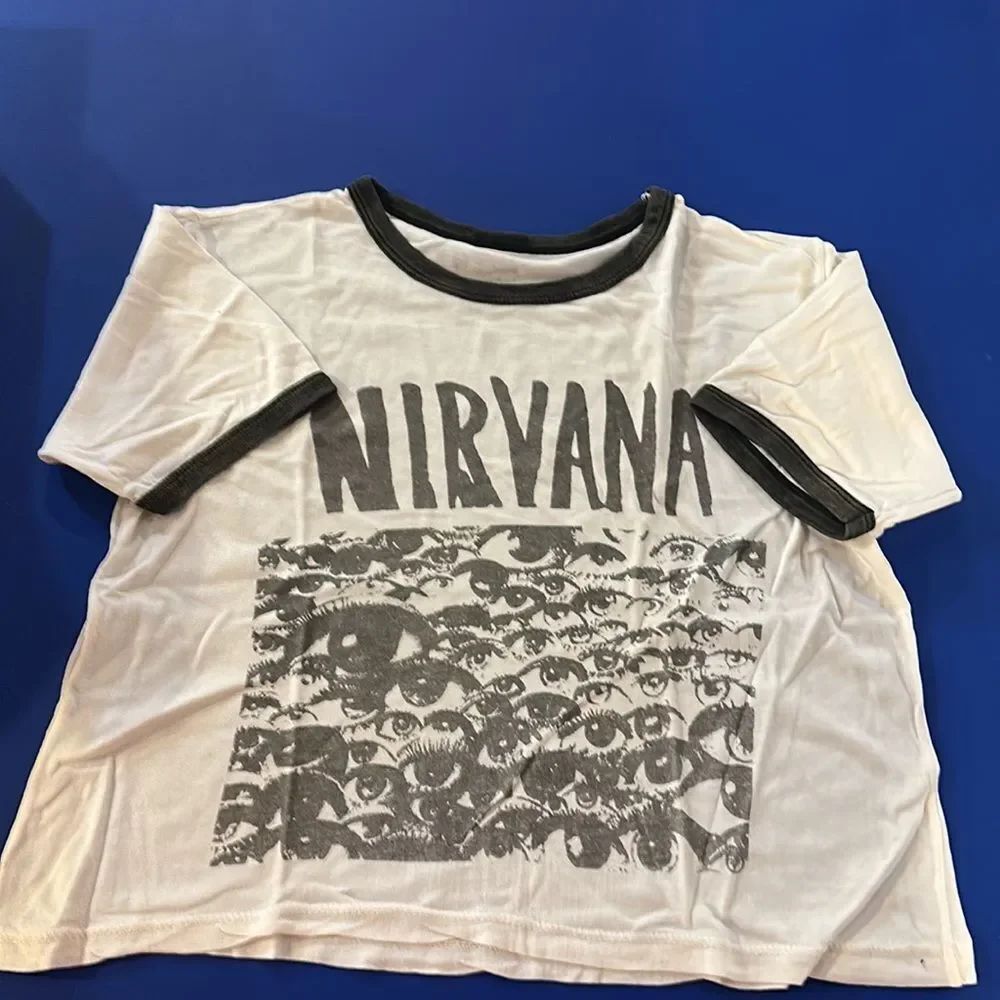NIRVANA White Tee with Black Ringer and Gray Graphic